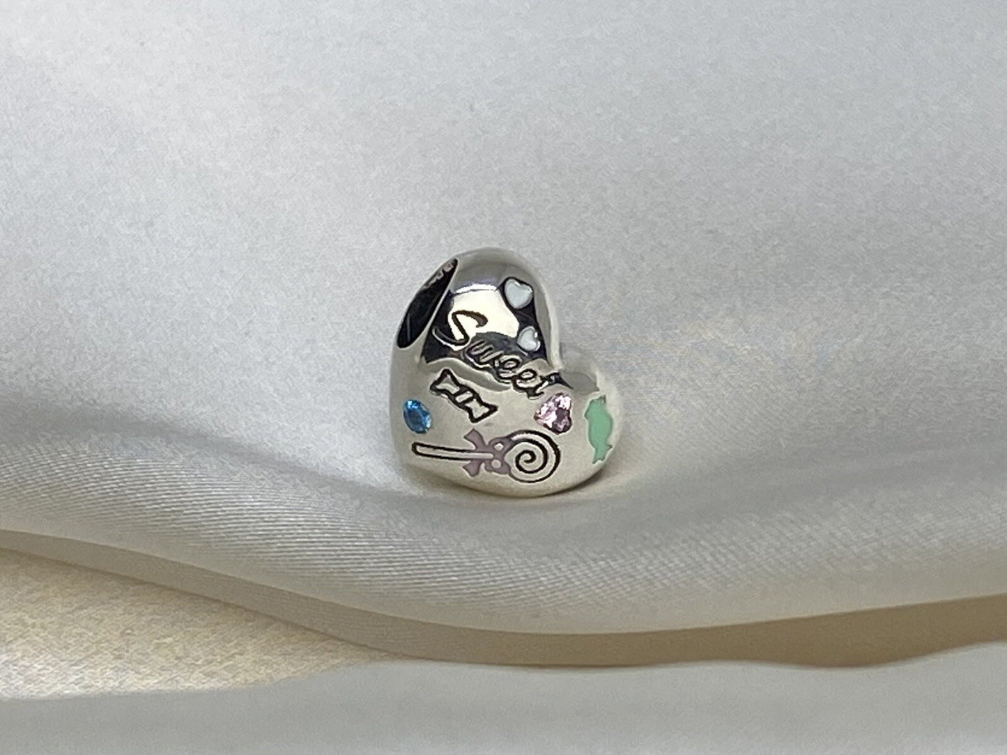 Sterling Silver 925 Sweet Candy Sugar Crush Heart Enamel Charm W Pink, Blue CZ