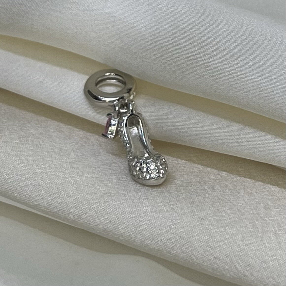 Sterling Silver 925 Pink Heart Cubic Zirconia High Heel Stilettos Dangle Charm
