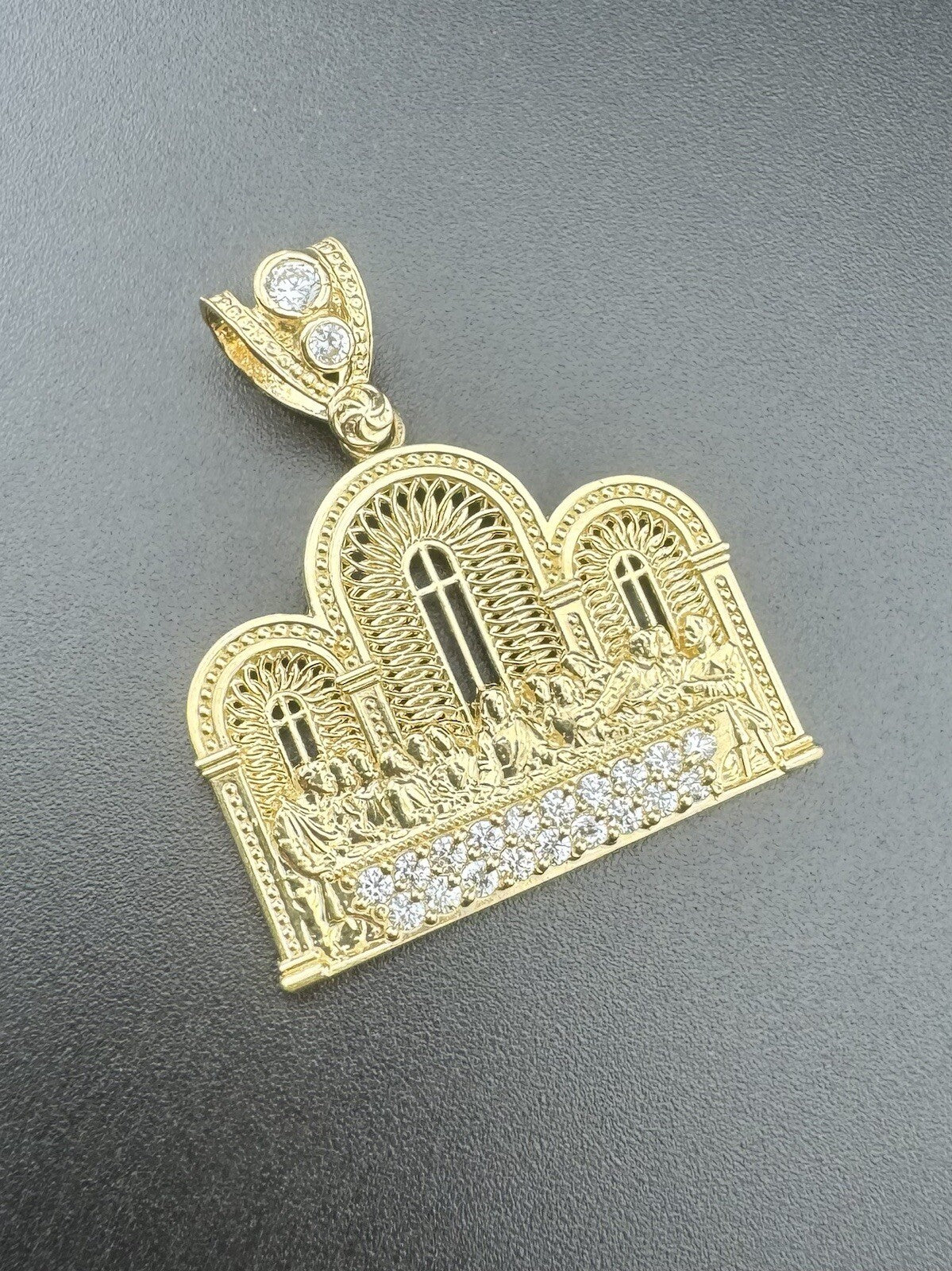 14K Yellow Gold 3D Last Supper Church Pendant 4G CZ Stone Glamour Large 34x30mm
