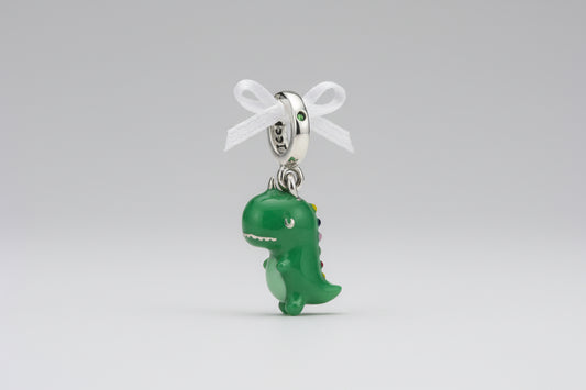 Sterling Silver 925 Green CZ Stone Enamel Anime Dragon, Dinosaur Dangle Charm