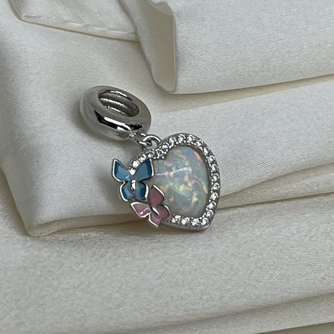 Sterling Silver 925 Enamel Cubic Zirconia Butterflys on Opal Heart Stone Charm