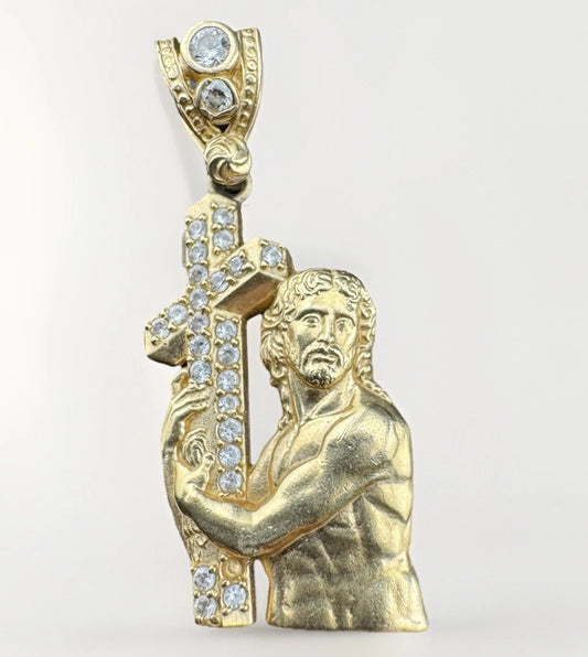 14K Gold Jesus Carrying Cross Pendant 4.5 Grams 38x16mm CZ Diamond Faith Charm