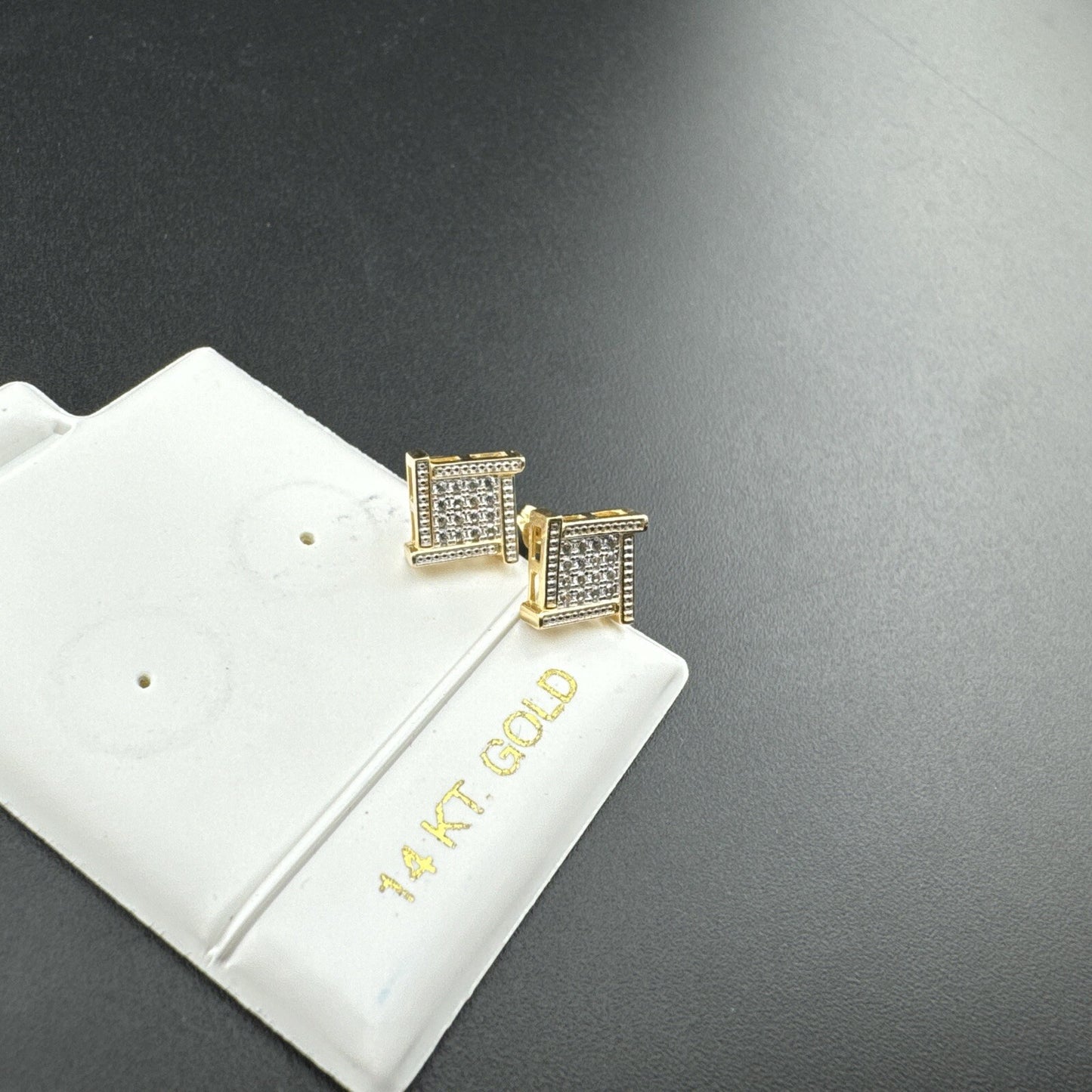 14K Yellow Gold Iced Micro Pave CZ Square Butterfly Screw Back Earrings 9x9mm 2G