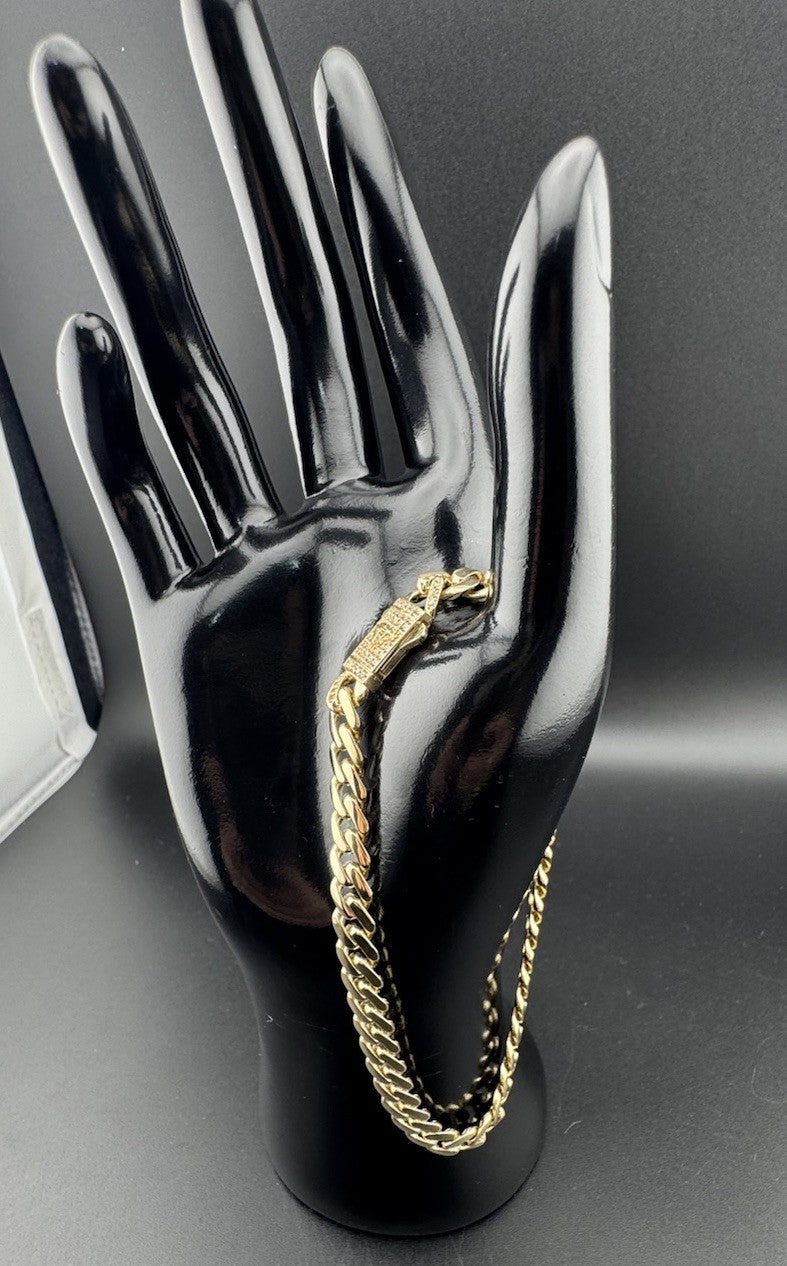 14K Gold Miami Cuban Link Anklet 10in 7.22mm 13.5g CZ Emblem Bail Push Lock *