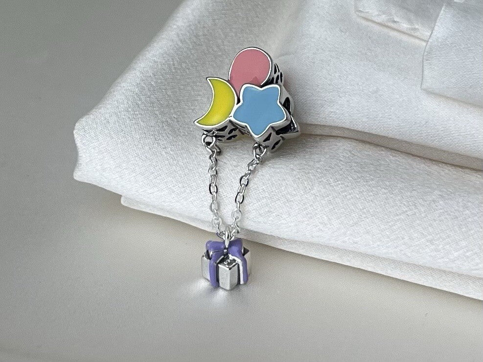 Sterling Silver 925 Enamel Star Moon Balloon Dangling Present Hearts Baby Charm
