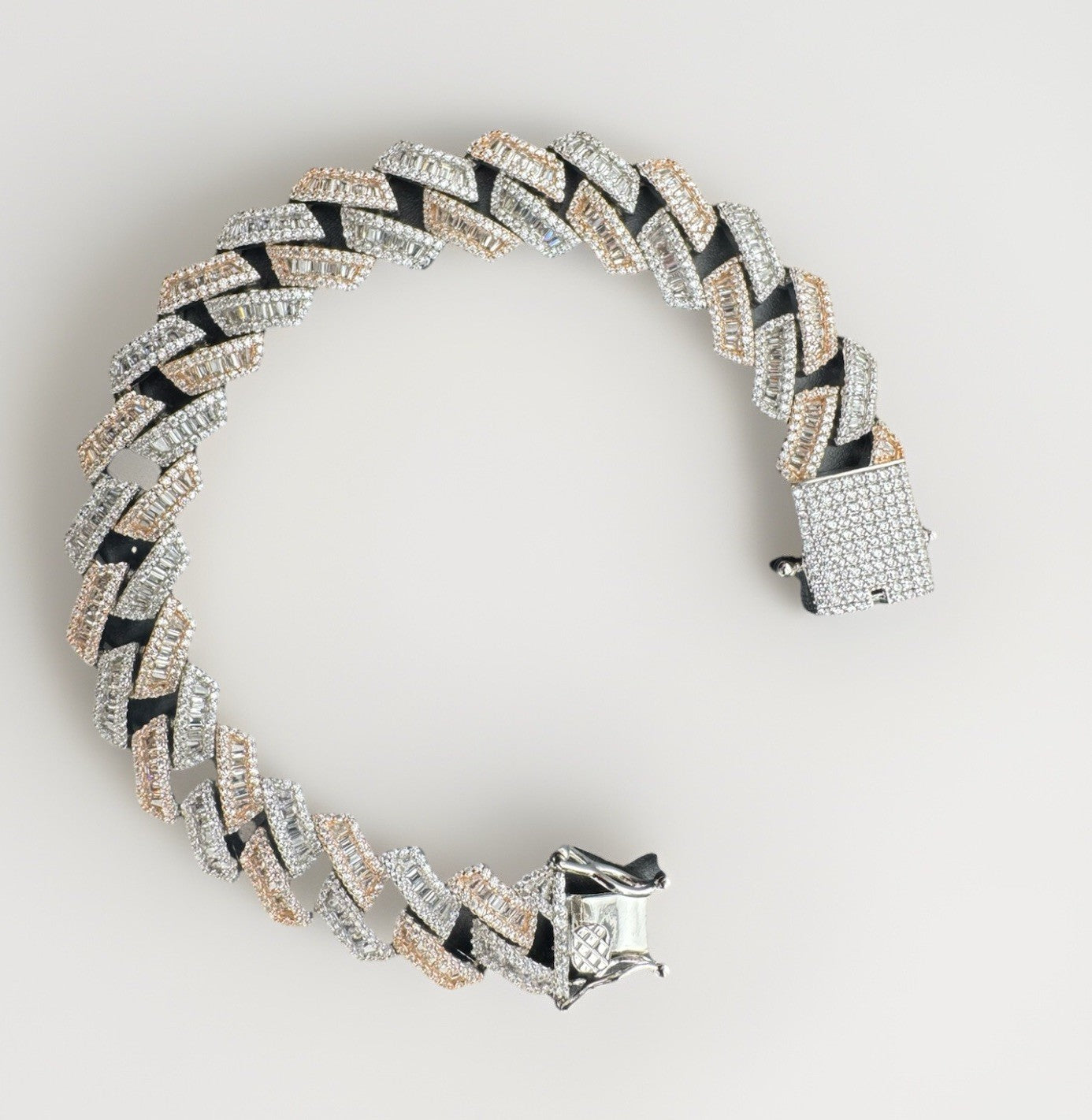 925 Silver Rose Gold Cuban Link Bracelet 8.5in 14mm Iced CZ Baguette 50.9 Grams