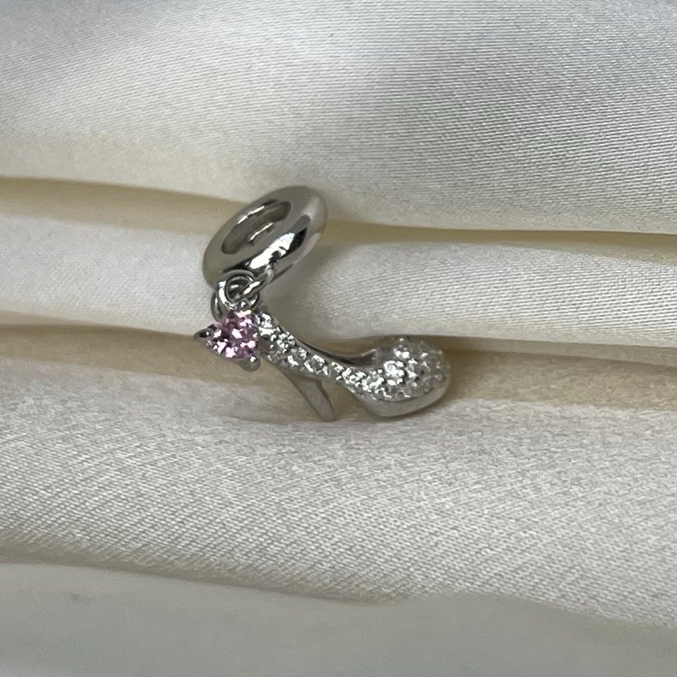 Sterling Silver 925 Pink Heart Cubic Zirconia High Heel Stilettos Dangle Charm