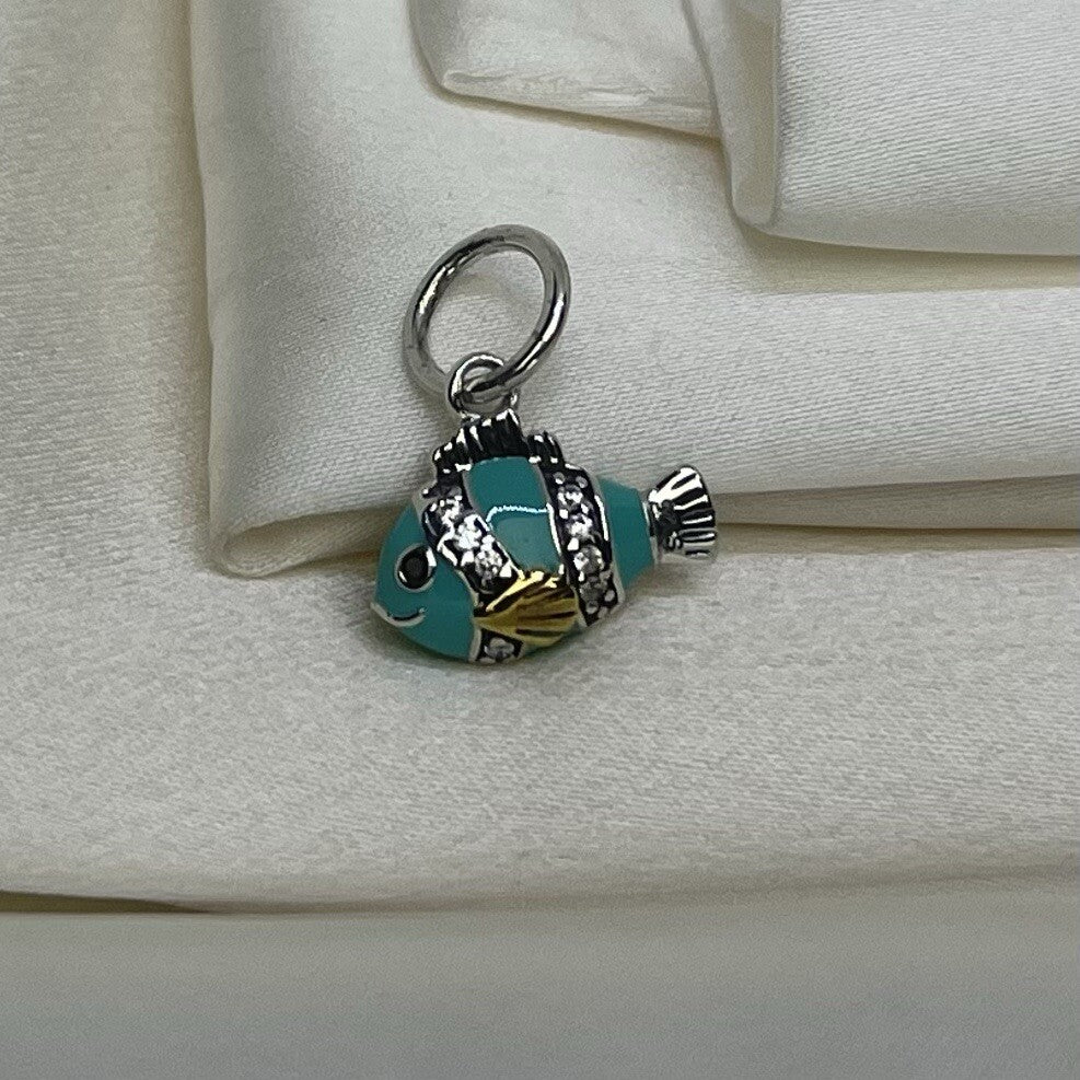 Sterling Silver 925 14k Gold Plated Blue Enamel Cubic Zirconia Fish Dangle Charm