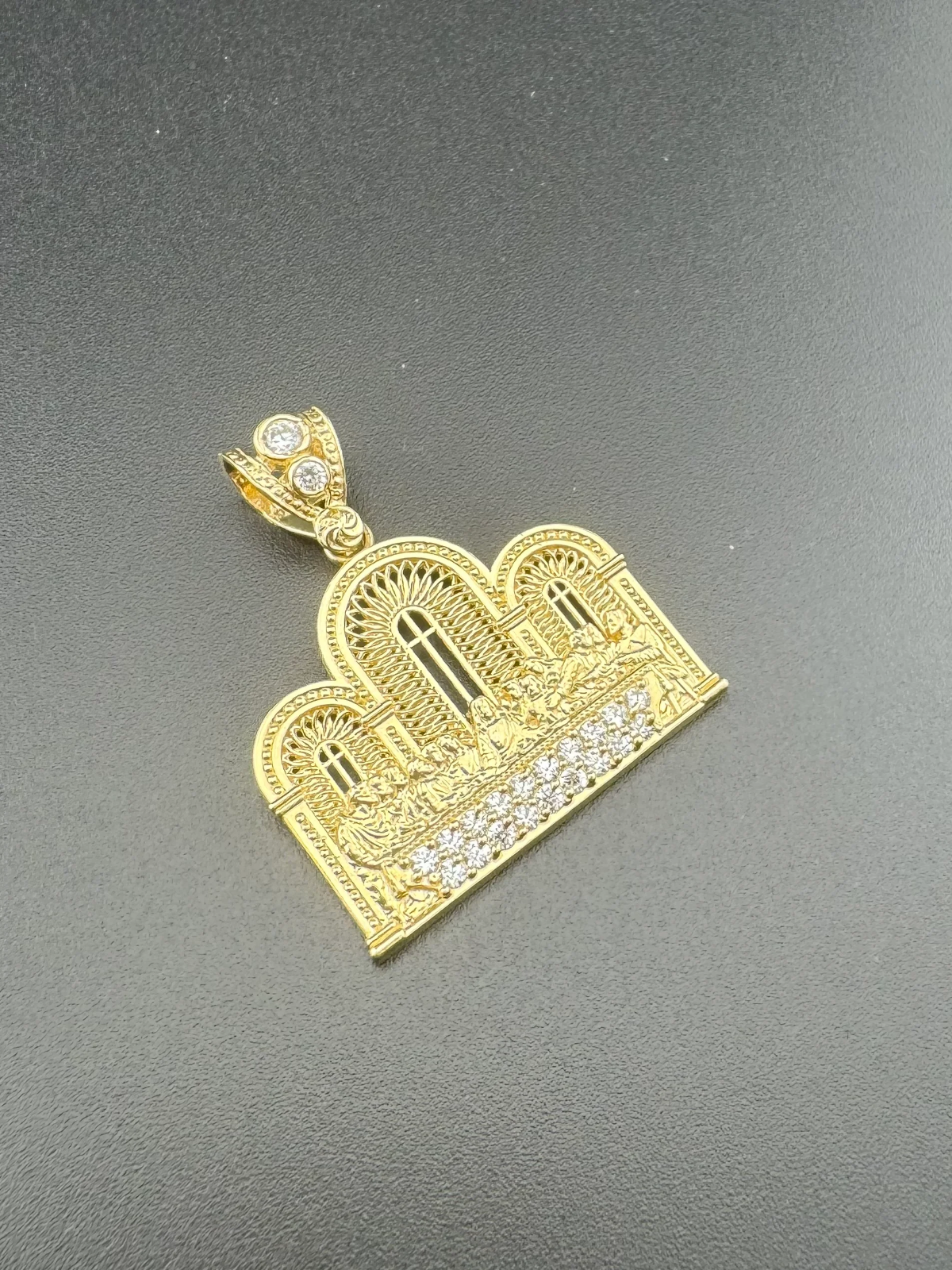 14K Yellow Gold 3D Last Supper Church Pendant 4G CZ Stone Glamour Large 34x30mm