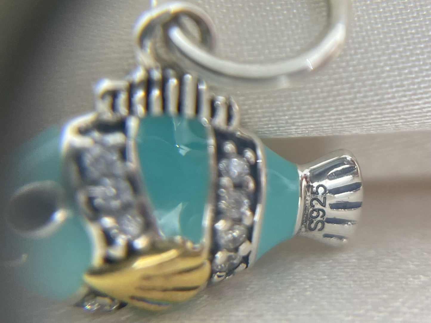 Sterling Silver 925 14k Gold Plated Blue Enamel Cubic Zirconia Fish Dangle Charm