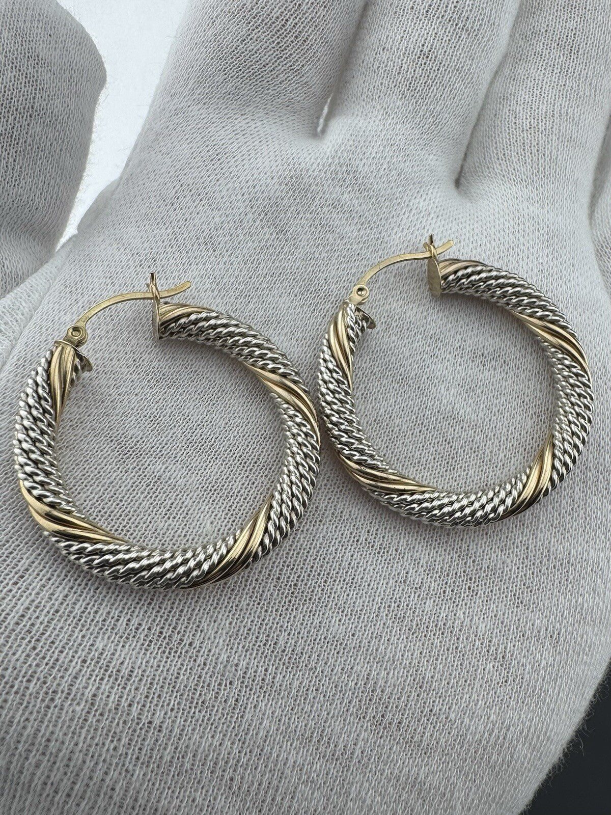 14K Yellow Gold 7.8G Huggie Hoop Earrings Cable Wrap Texture 33mm Length 925