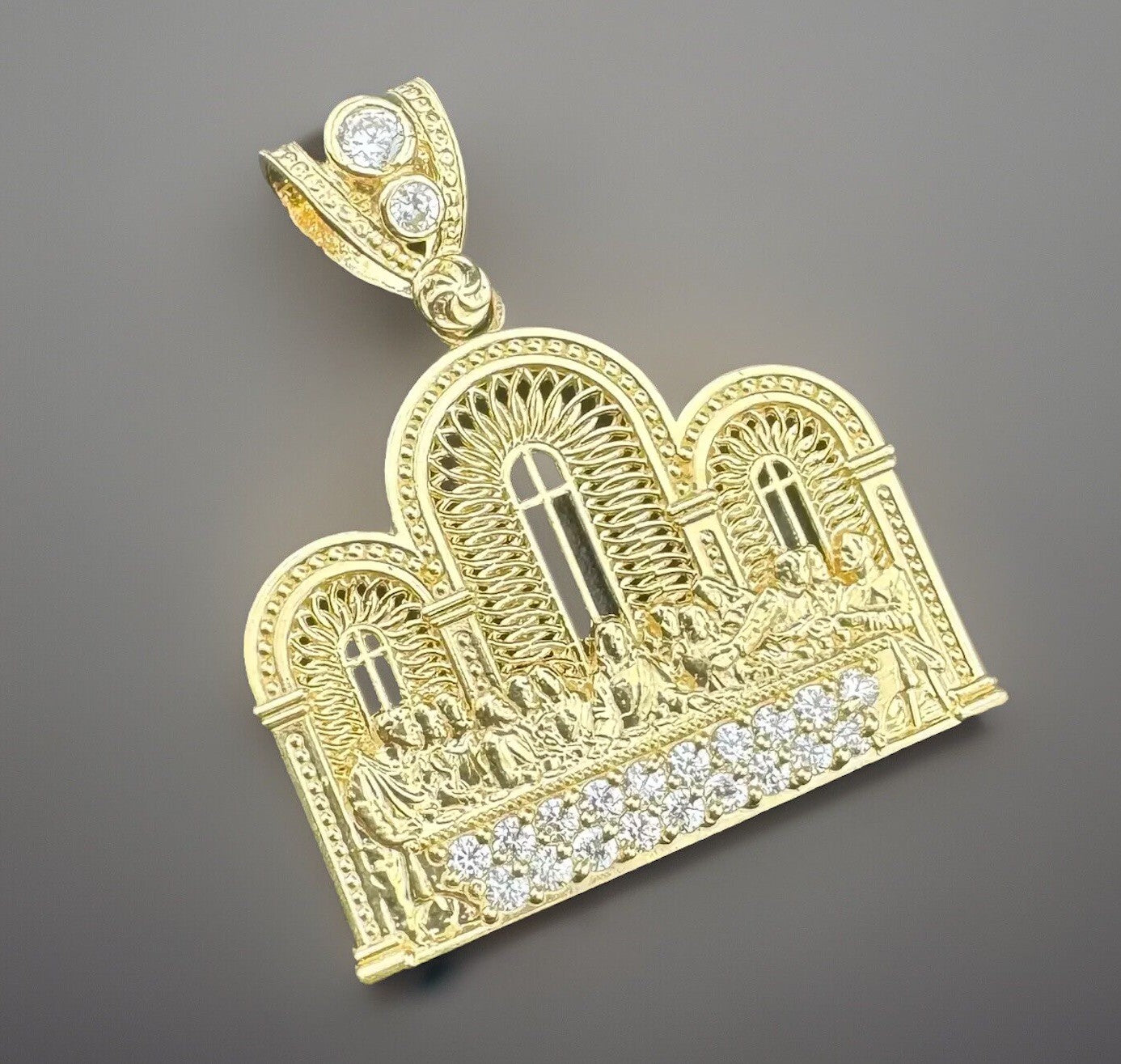 14K Yellow Gold 3D Last Supper Church Pendant 4G CZ Stone Glamour Large 34x30mm