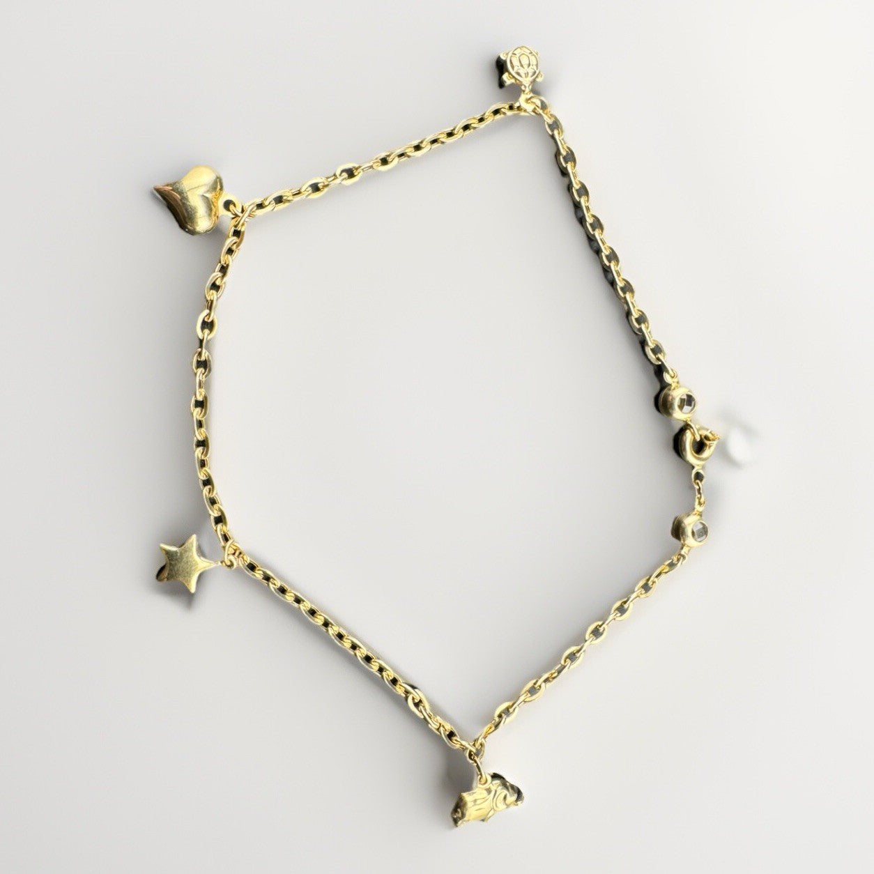 Pulsera con dijes de oro amarillo de 14K, 9.75in, 5.7mm, 5.6G, corazón, tortuga, estrella, elefante, circonita cúbica