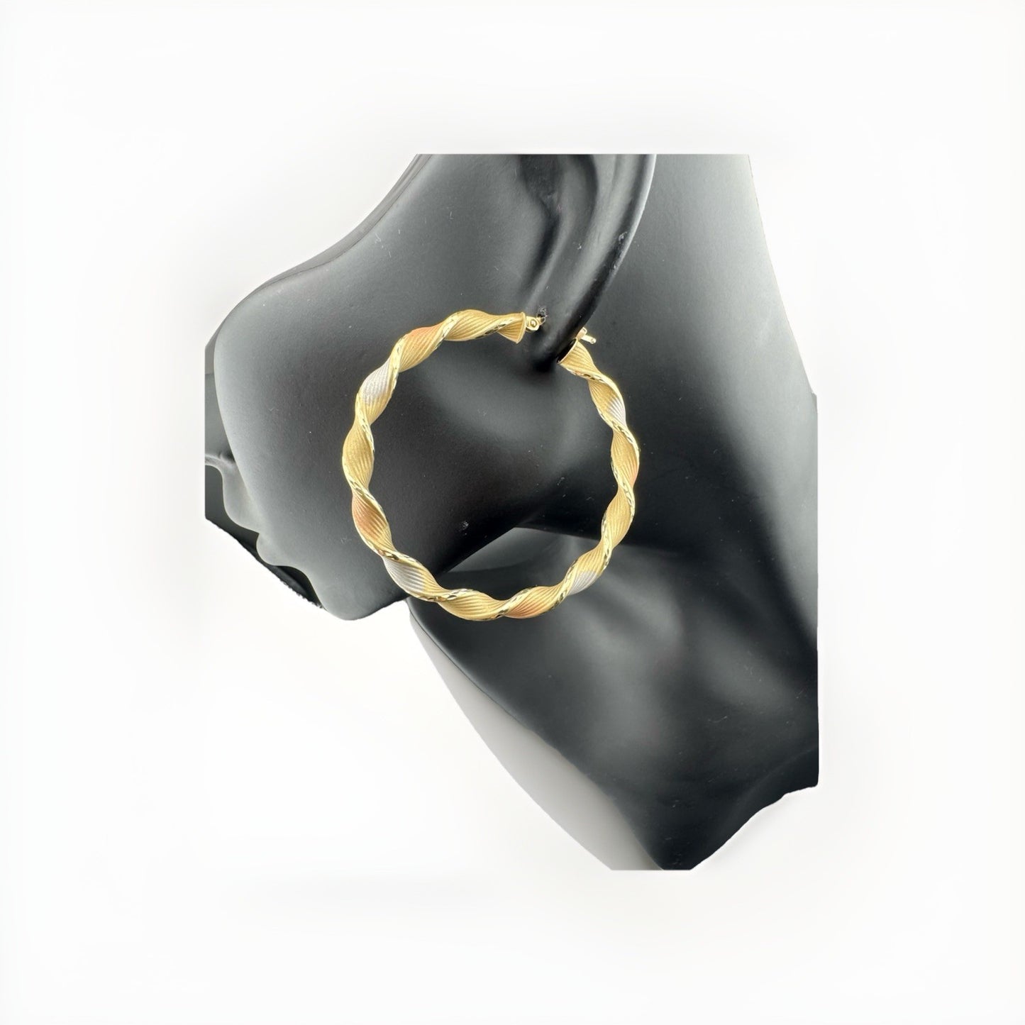 14K Tri-Tone Gold Twist Hoop Earrings Large 48.45mm 5 Grams White Rose Yellow
