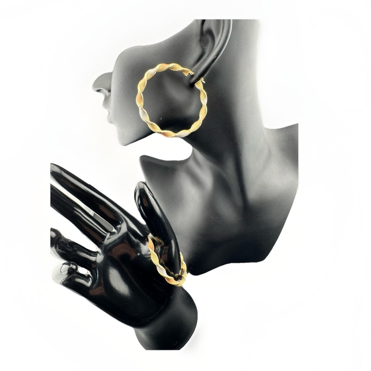 14K Tri-Tone Gold Twist Hoop Earrings Large 48.45mm 5 Grams White Rose Yellow