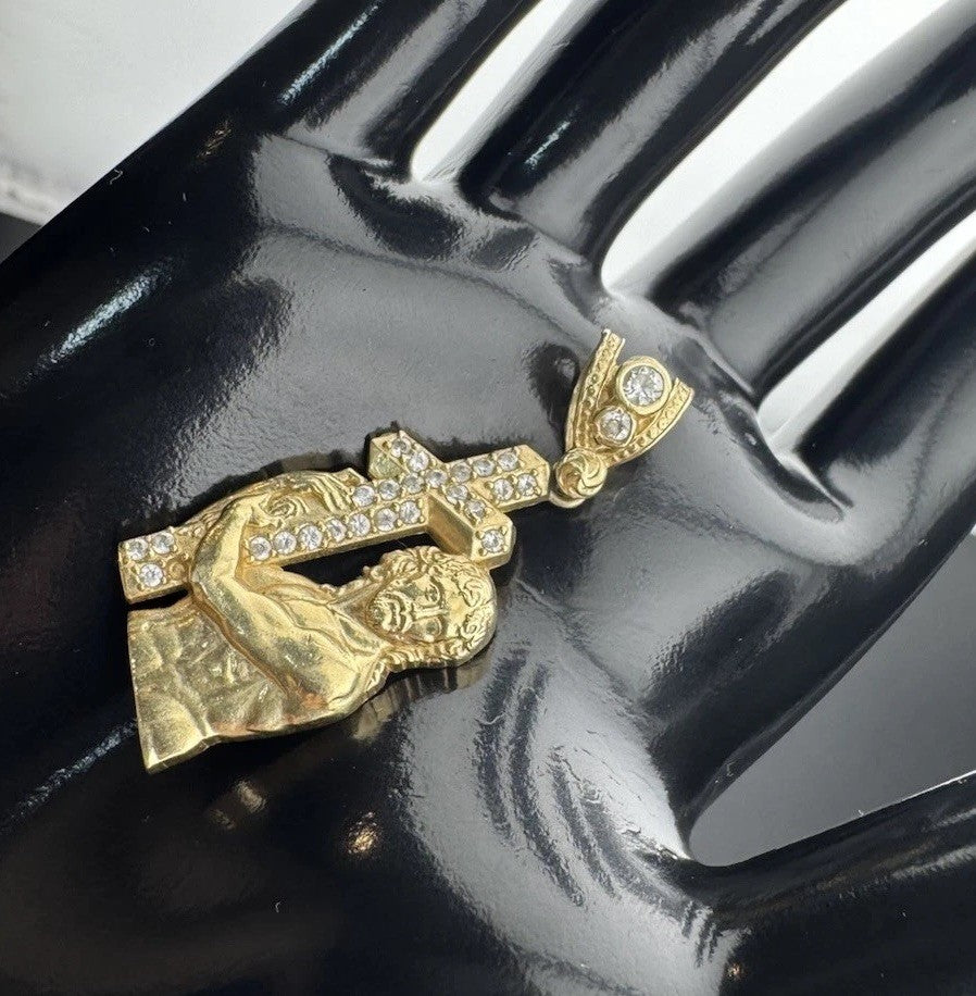 14K Gold Jesus Carrying Cross Pendant 4.5 Grams 38x16mm CZ Diamond Faith Charm