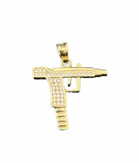 14K Yellow Gold 2.9 Grams Machine Gun Pendant Cubic Zirconia 27.87x24.36mm Pave