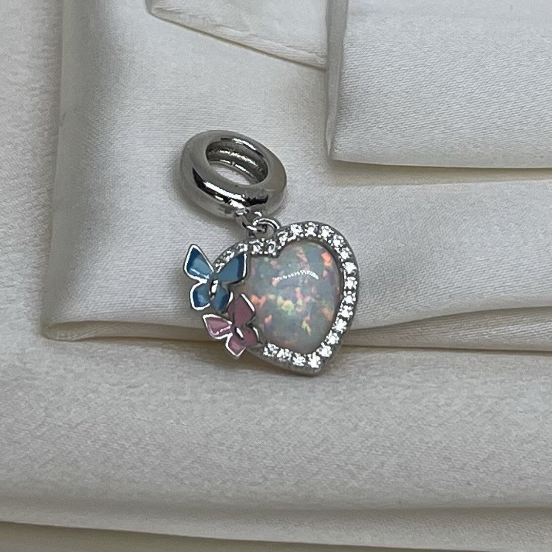 Sterling Silver 925 Enamel Cubic Zirconia Butterflys on Opal Heart Stone Charm