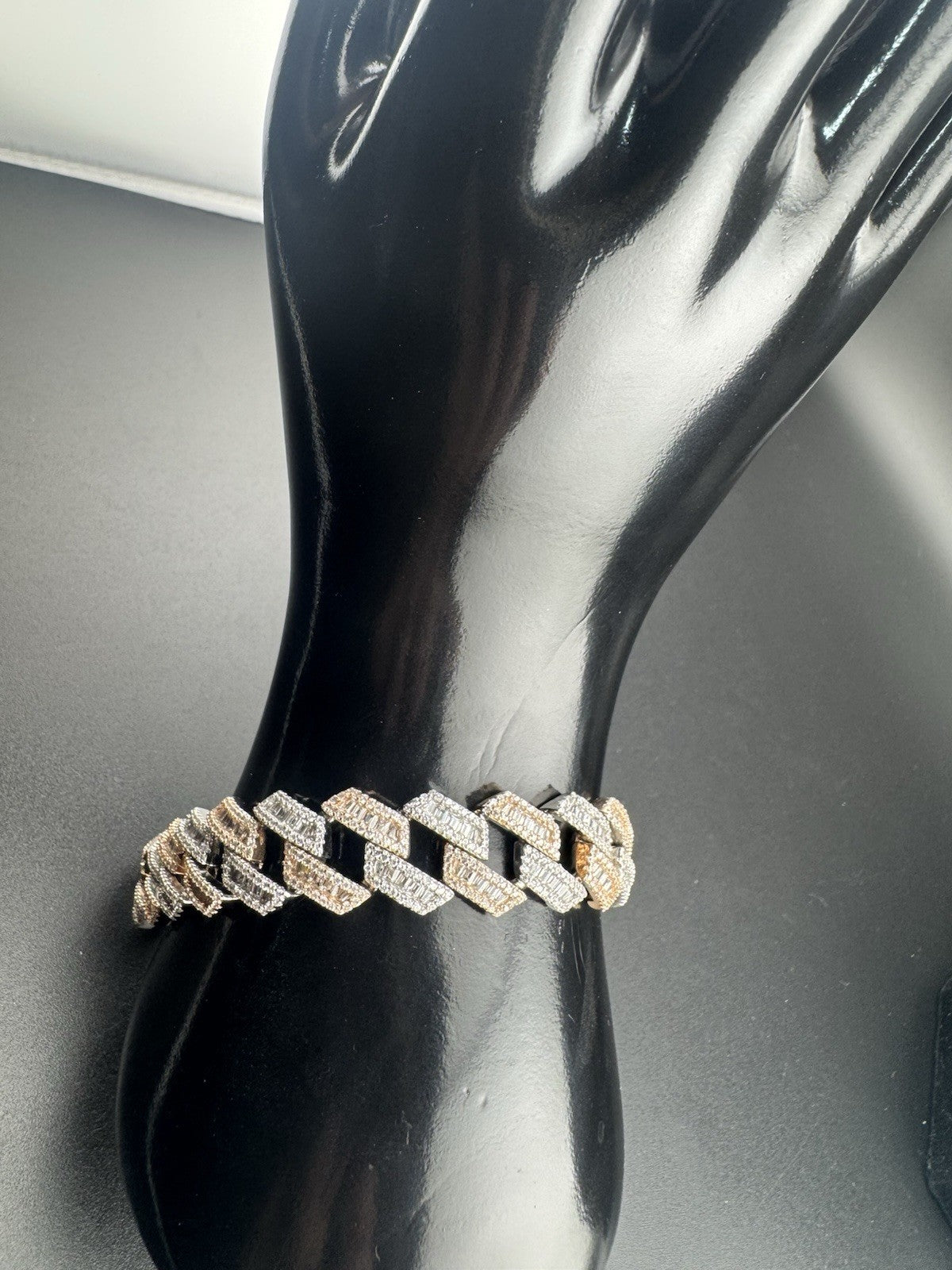 925 Silver Rose Gold Cuban Link Bracelet 8.5in 14mm Iced CZ Baguette 50.9 Grams