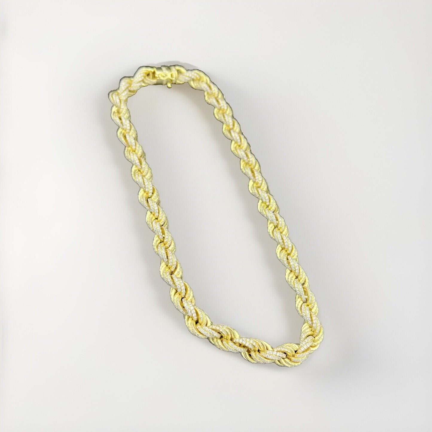 Cadena de cuerda maciza con circonita cúbica helada y baño de oro de 18 quilates en plata de ley 925 - 139 gramos