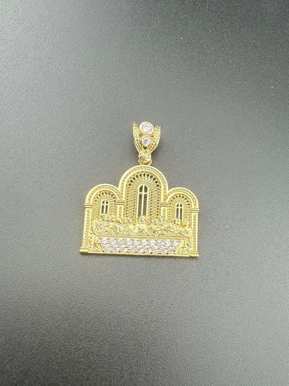 14K Yellow Gold 3D Last Supper Church Pendant 4G CZ Stone Glamour Large 34x30mm