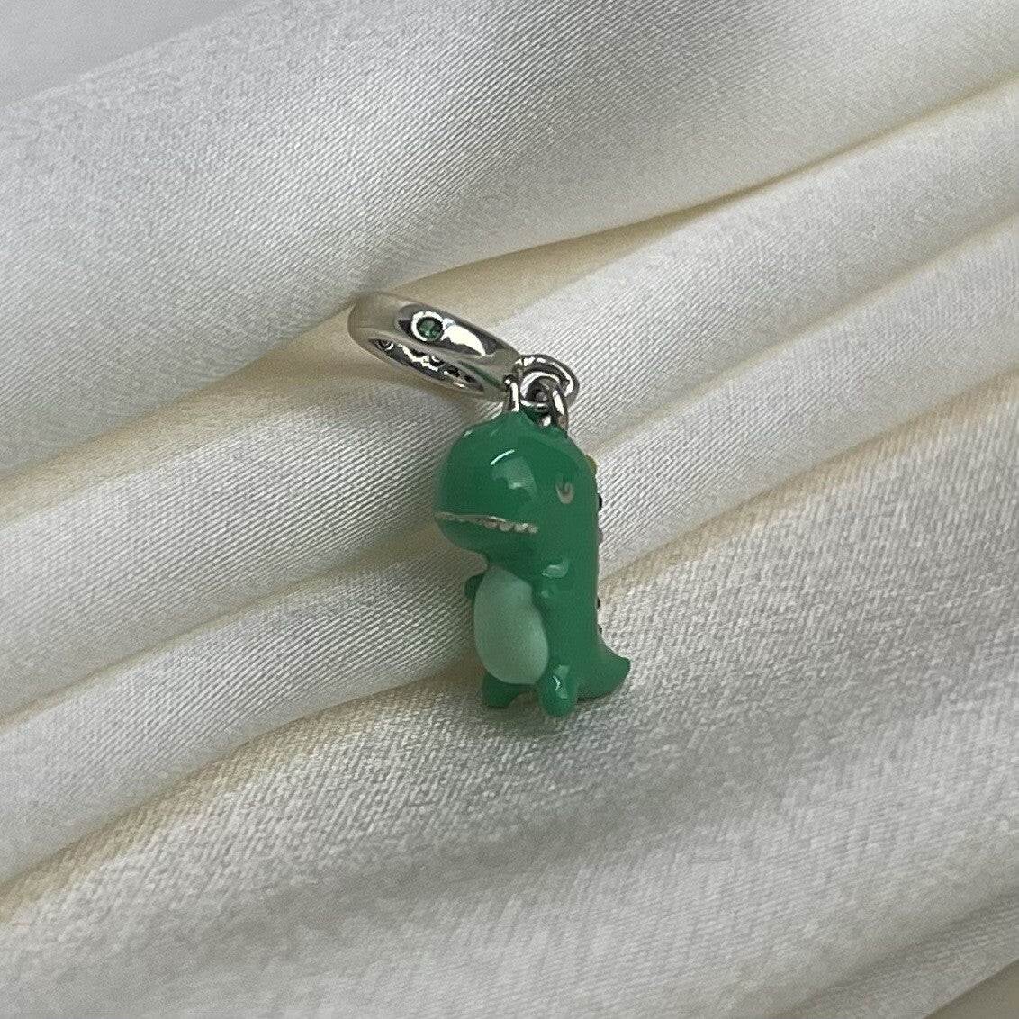 Sterling Silver 925 Green CZ Stone Enamel Anime Dragon, Dinosaur Dangle Charm