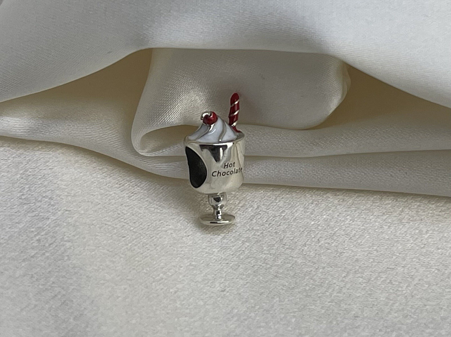 Sterling Silver 925 Enamel Hot Chocolate Cup Sweetness Cherry Straw Drink Charm