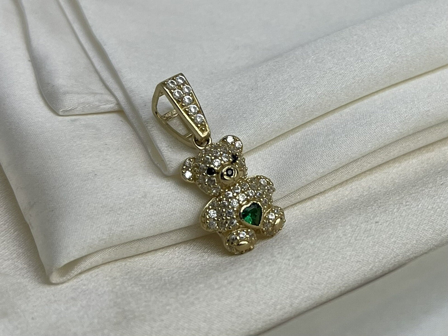 Beltran Jewelry Teddy Bear 14K Gold Green CZ Charm Pendant – 26x11mm 3.1 Grams