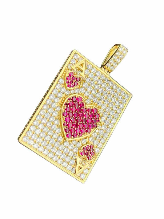 14K Yellow Gold 13 Grams Ace of Hearts Card Medallion Large Pendant W CZ Stones