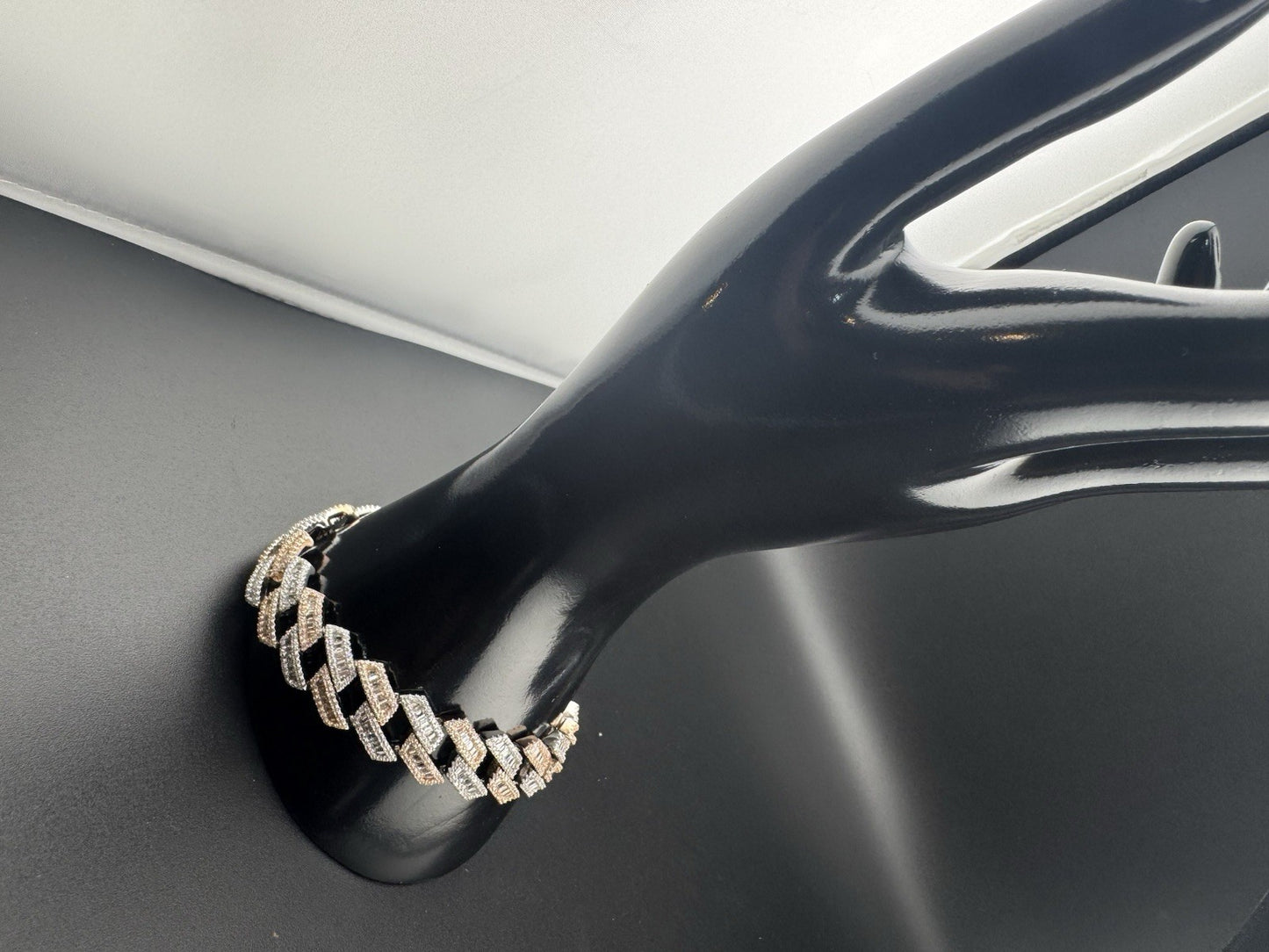 925 Silver Rose Gold Cuban Link Bracelet 8.5in 14mm Iced CZ Baguette 50.9 Grams