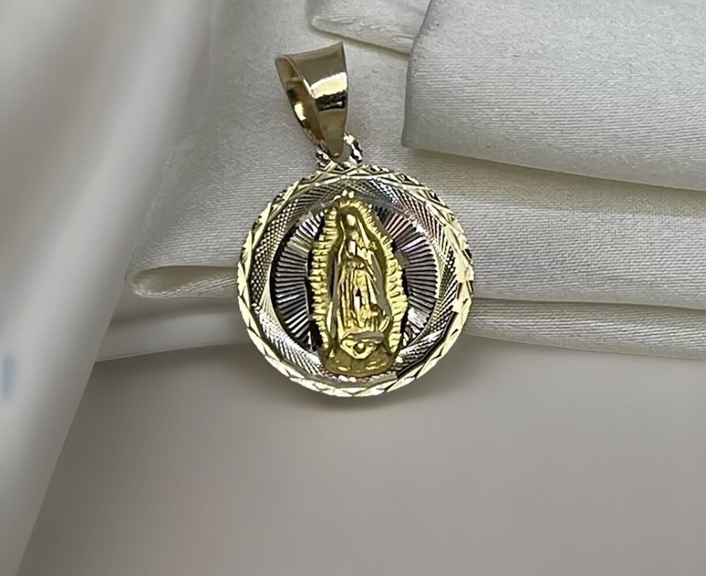 Gold Virgin Mary Guadalupe 14K Solid Gold Round Pendant Charm – 15mm, 1.6 Grams
