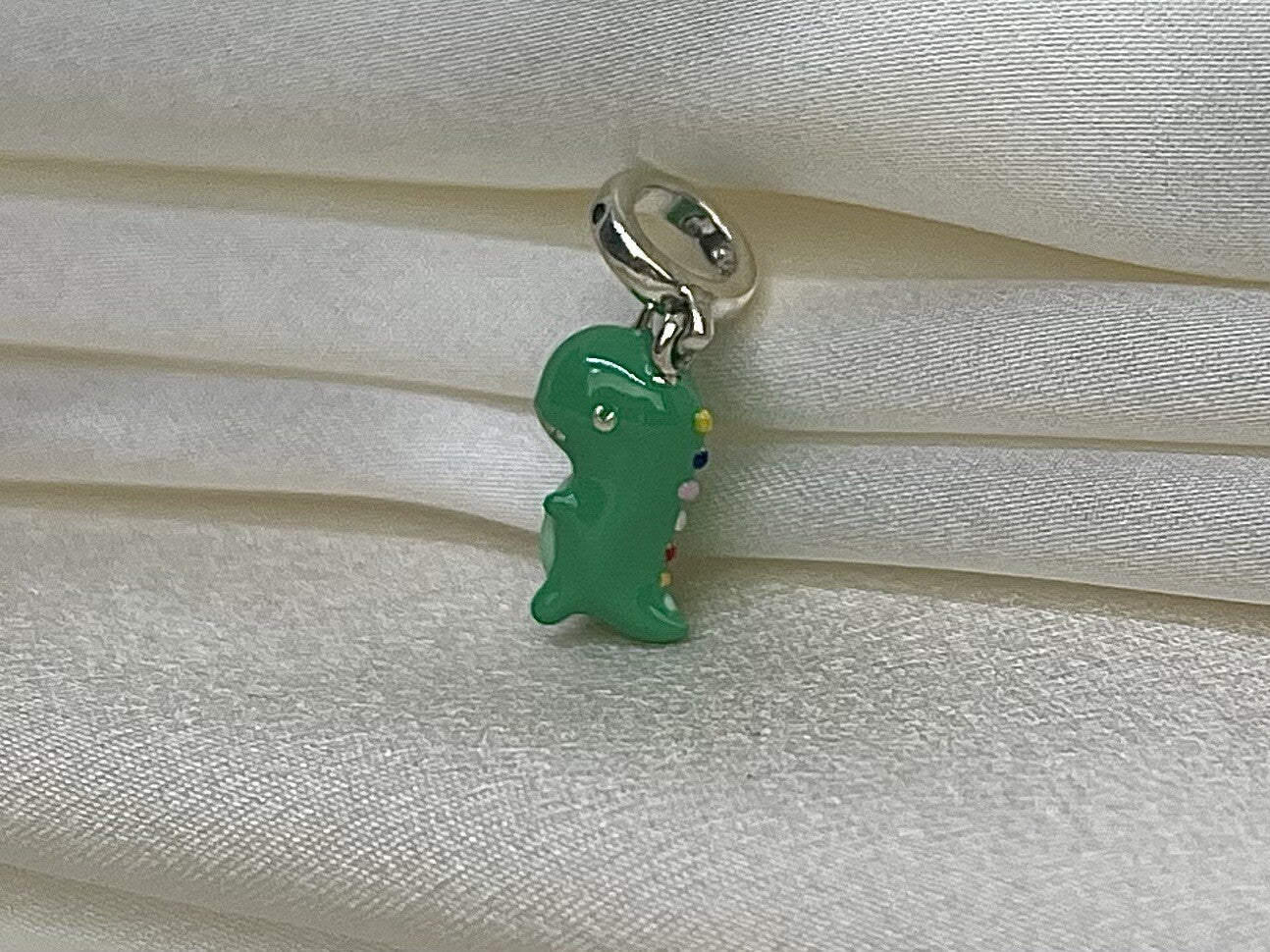 Sterling Silver 925 Green CZ Stone Enamel Anime Dragon, Dinosaur Dangle Charm