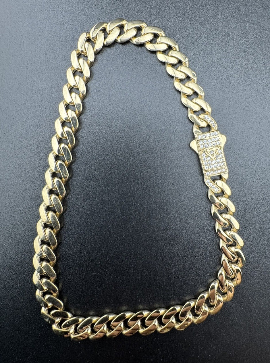 14K Gold Miami Cuban Link Anklet 10in 7.22mm 13.5g CZ Emblem Bail Push Lock *