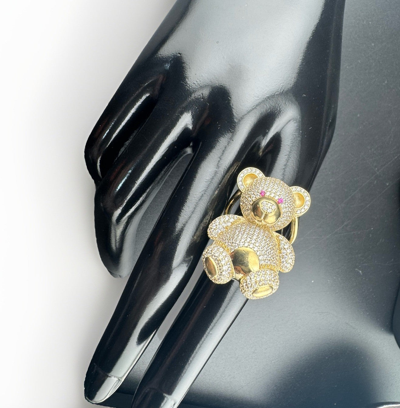 14K Gold Beltran Teddy Bear Ring Sz 7.25 Large 31mm 13.2 Grams Pink Eyes Pave