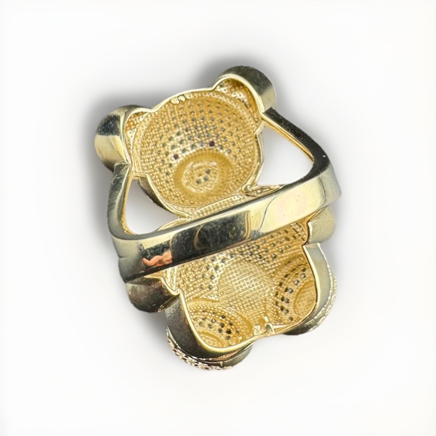 14K Gold Beltran Teddy Bear Ring Sz 7.25 Large 31mm 13.2 Grams Pink Eyes Pave
