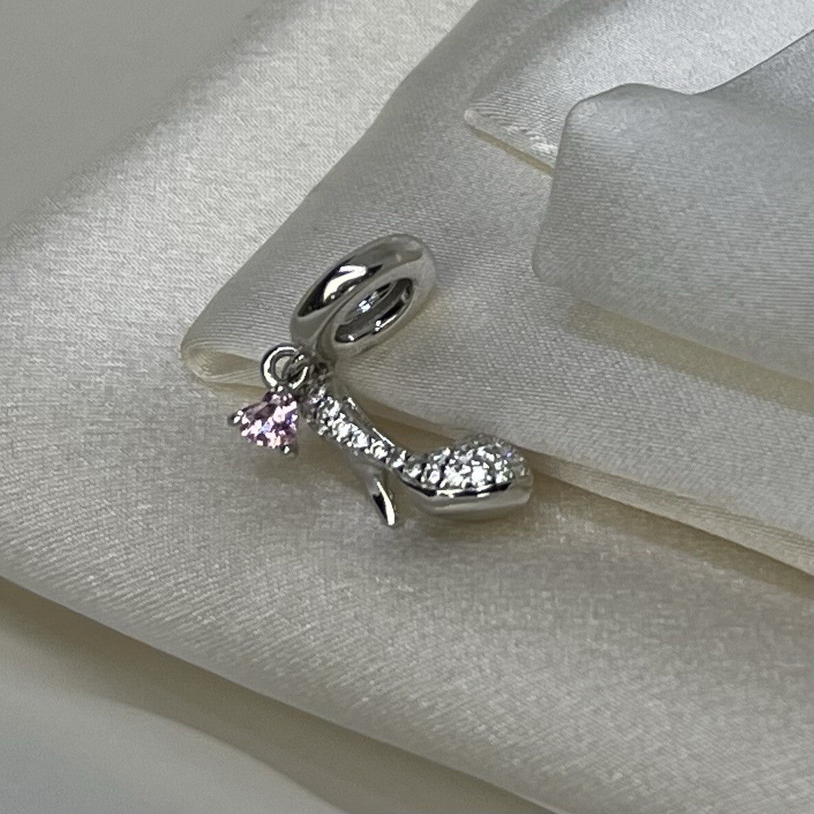 Sterling Silver 925 Pink Heart Cubic Zirconia High Heel Stilettos Dangle Charm
