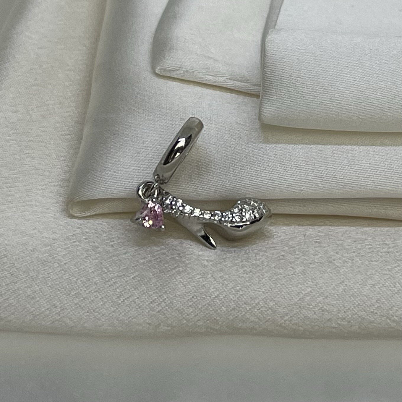 Sterling Silver 925 Pink Heart Cubic Zirconia High Heel Stilettos Dangle Charm