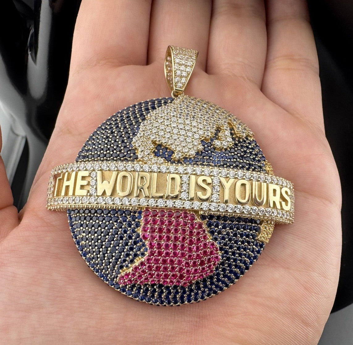 The World Is Yours 🎬 14k Gold Globe World 🌎 Medallion Pendant with CZ Stones 63.93mm