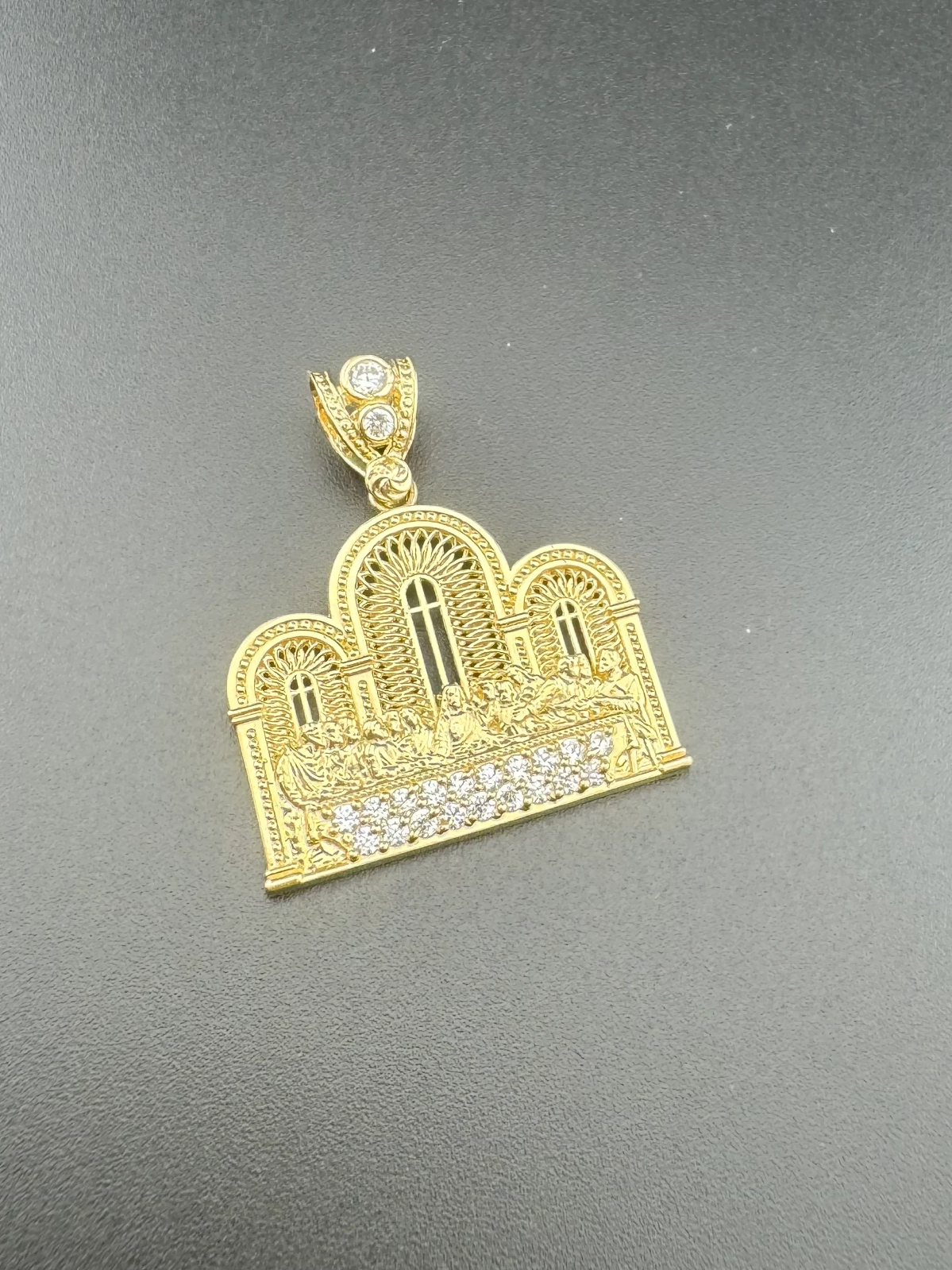14K Yellow Gold 3D Last Supper Church Pendant 4G CZ Stone Glamour Large 34x30mm