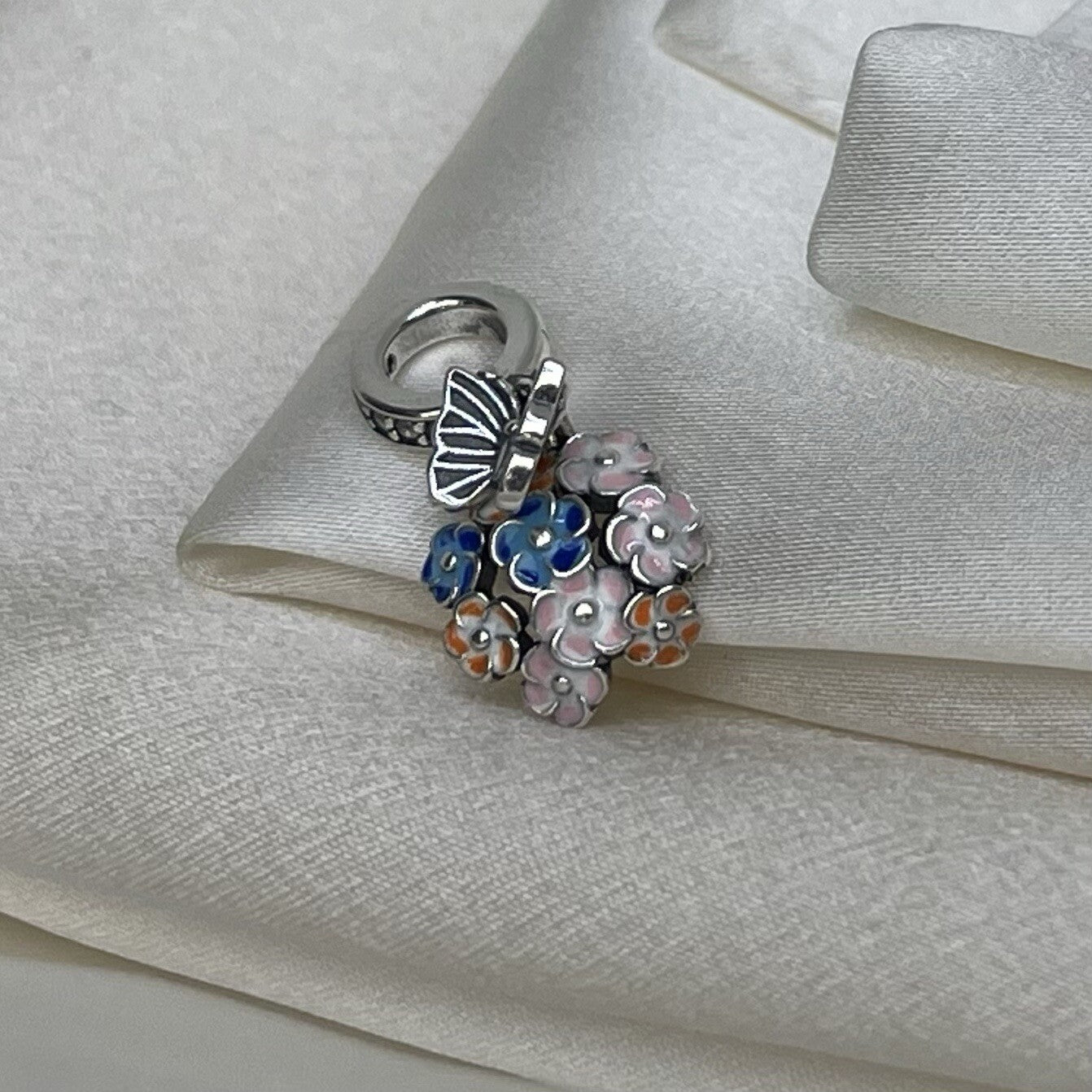 Sterling Silver 925 Enamel Cubic Zirconia Butterfly on Colorful Flowers Charm