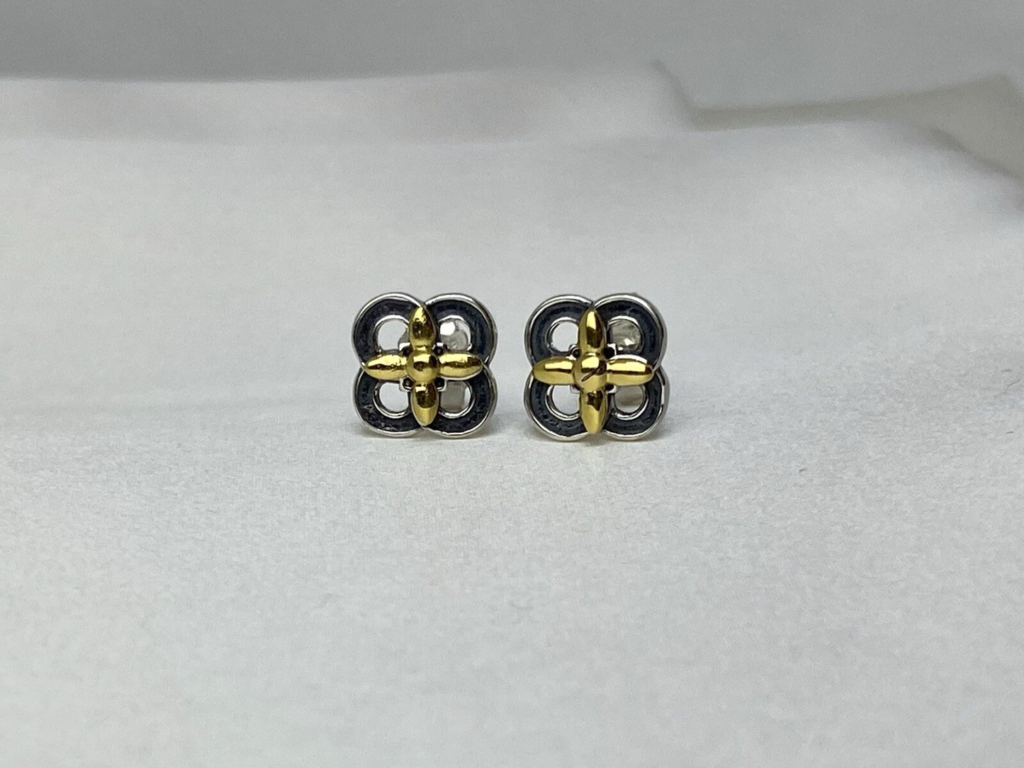 Pandora Sterling Silver 925 14k Yellow Gold Two-Tone Flower Stud Earrings