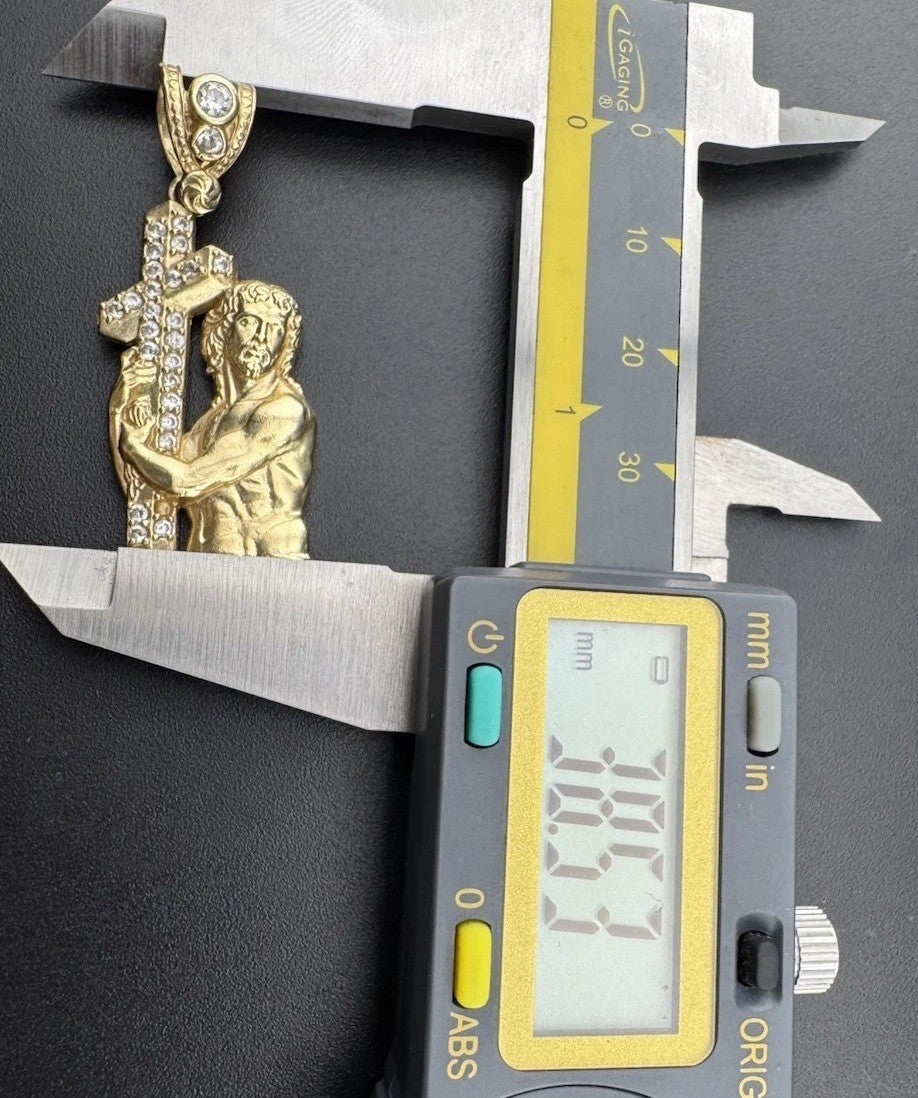 14K Gold Jesus Carrying Cross Pendant 4.5 Grams 38x16mm CZ Diamond Faith Charm