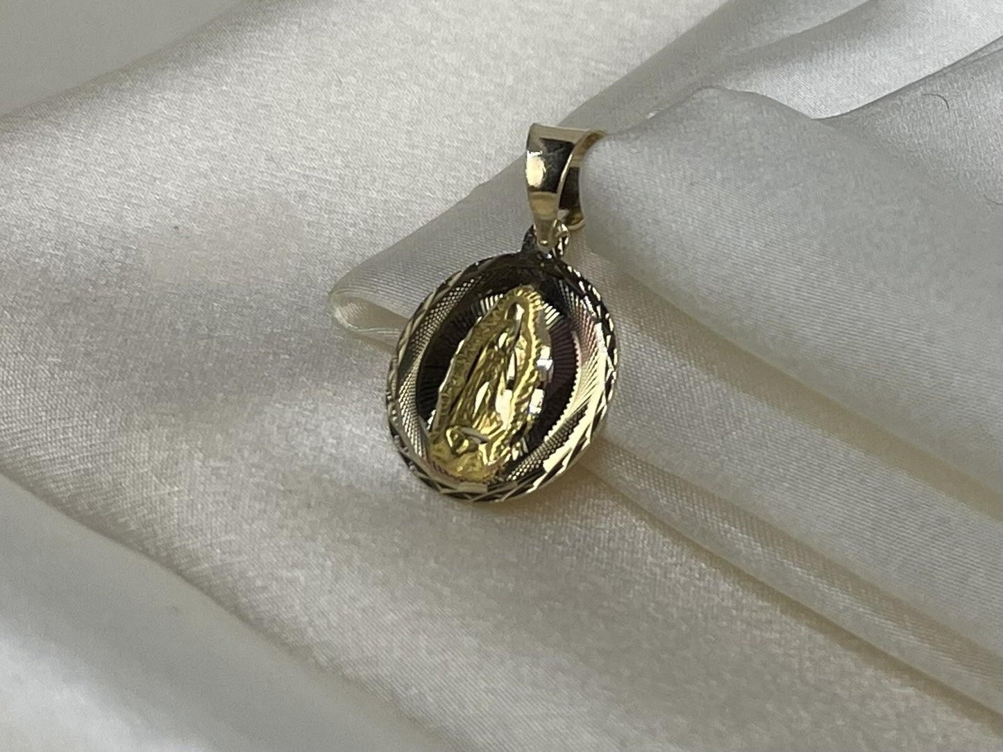 Gold Virgin Mary Guadalupe 14K Solid Gold Round Pendant Charm – 15mm, 1.6 Grams