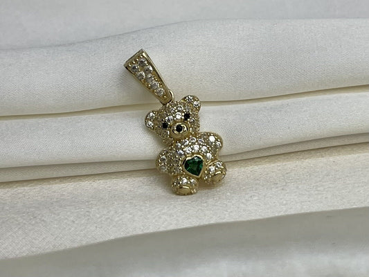 Beltrán Joyería Osito de Peluche Colgante de Oro de 14K con Zirconia Cúbica Verde – 26x11mm 3.1 Gramos