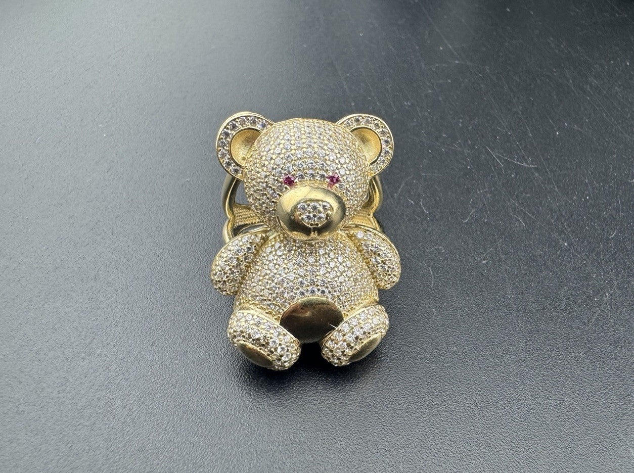 14K Gold Beltran Teddy Bear Ring Sz 7.25 Large 31mm 13.2 Grams Pink Eyes Pave