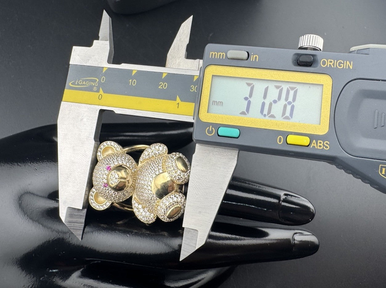 14K Gold Beltran Teddy Bear Ring Sz 7.25 Large 31mm 13.2 Grams Pink Eyes Pave