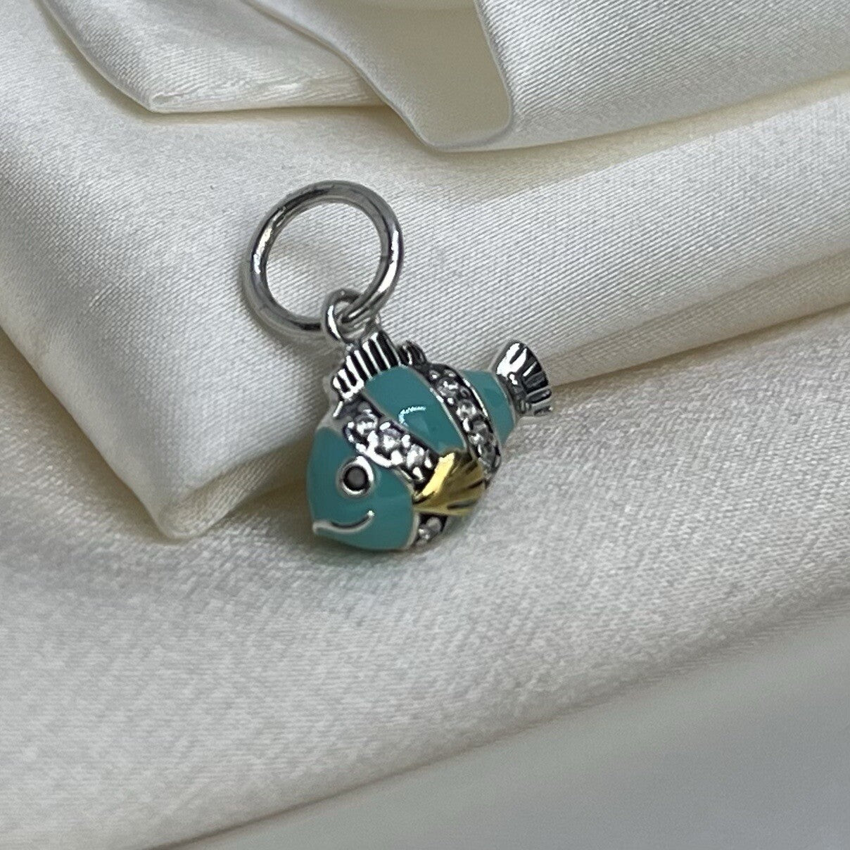 Sterling Silver 925 14k Gold Plated Blue Enamel Cubic Zirconia Fish Dangle Charm