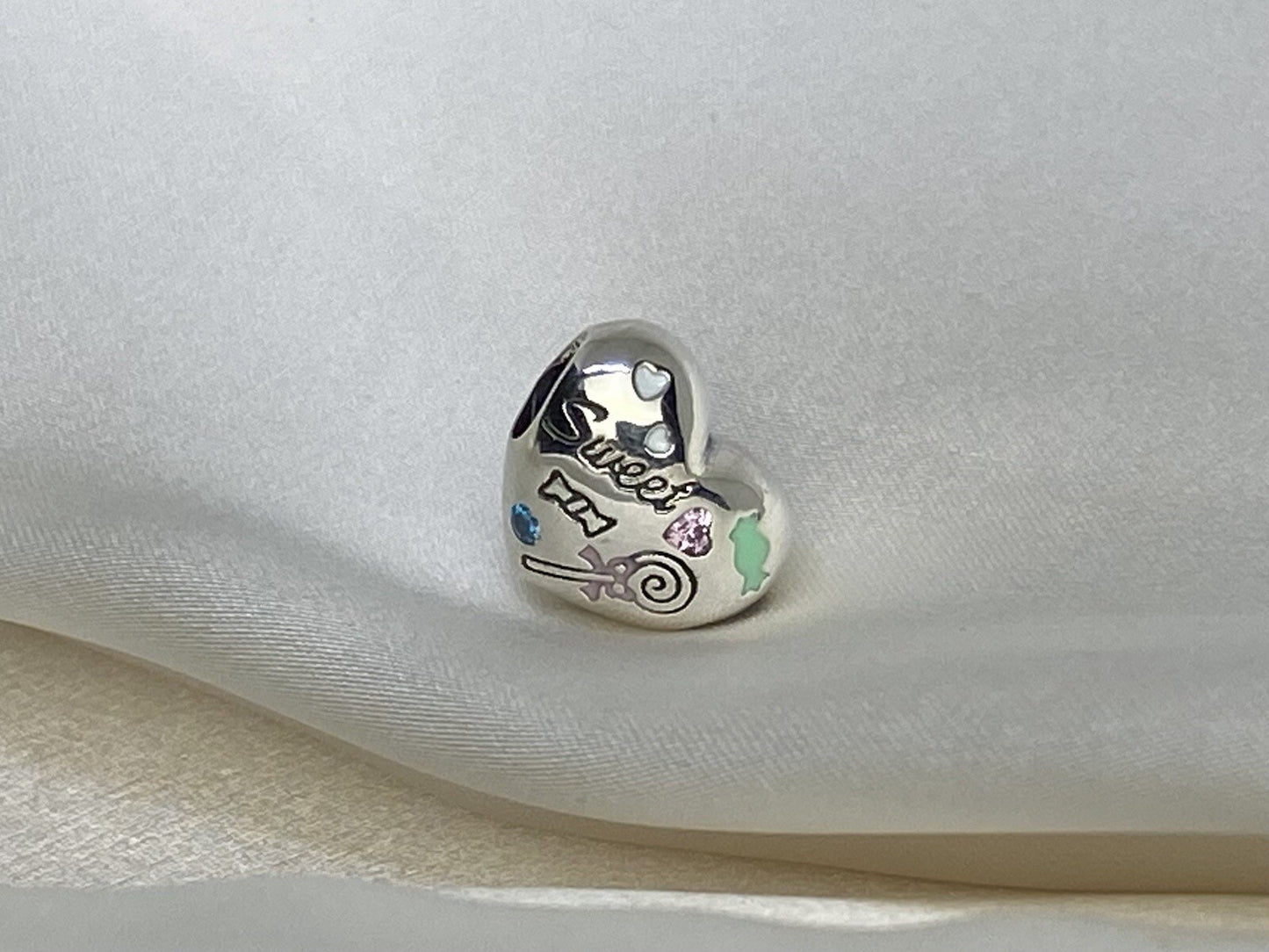 Sterling Silver 925 Sweet Candy Sugar Crush Heart Enamel Charm W Pink, Blue CZ