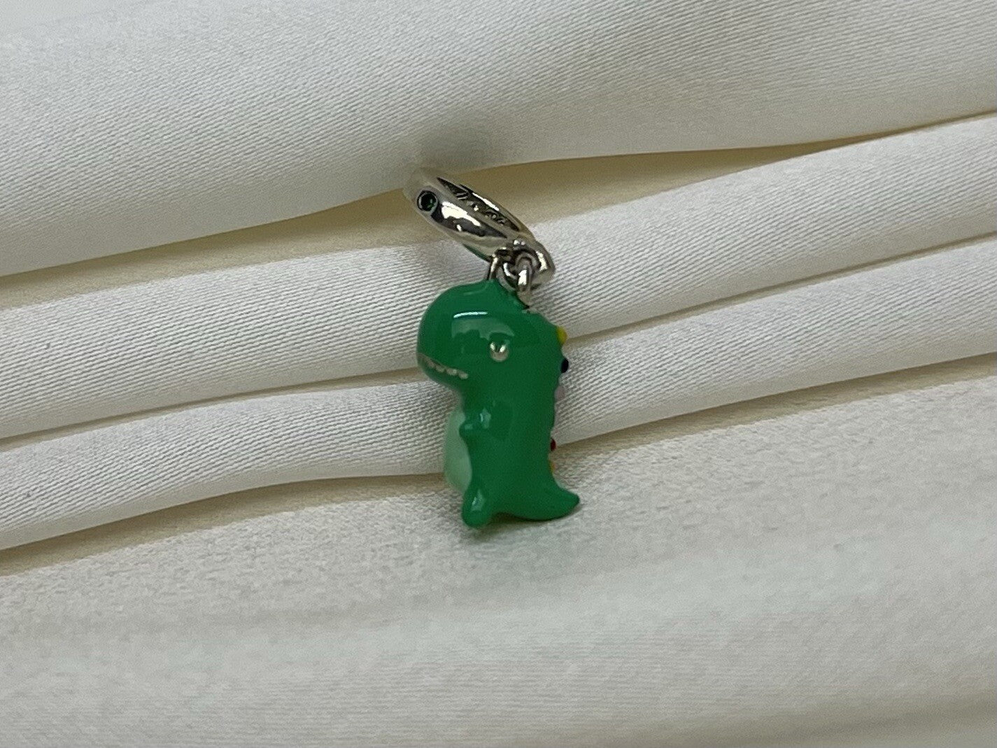 Sterling Silver 925 Green CZ Stone Enamel Anime Dragon, Dinosaur Dangle Charm