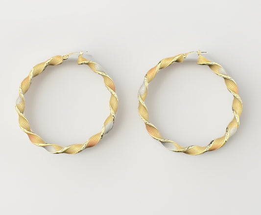 14K Tri-Tone Gold Twist Hoop Earrings Large 48.45mm 5 Grams White Rose Yellow